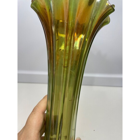 Northwood Carnival Green/Marigold Swung Glass Vase 10.25” Tall With N Logo - Picture 2 of 7